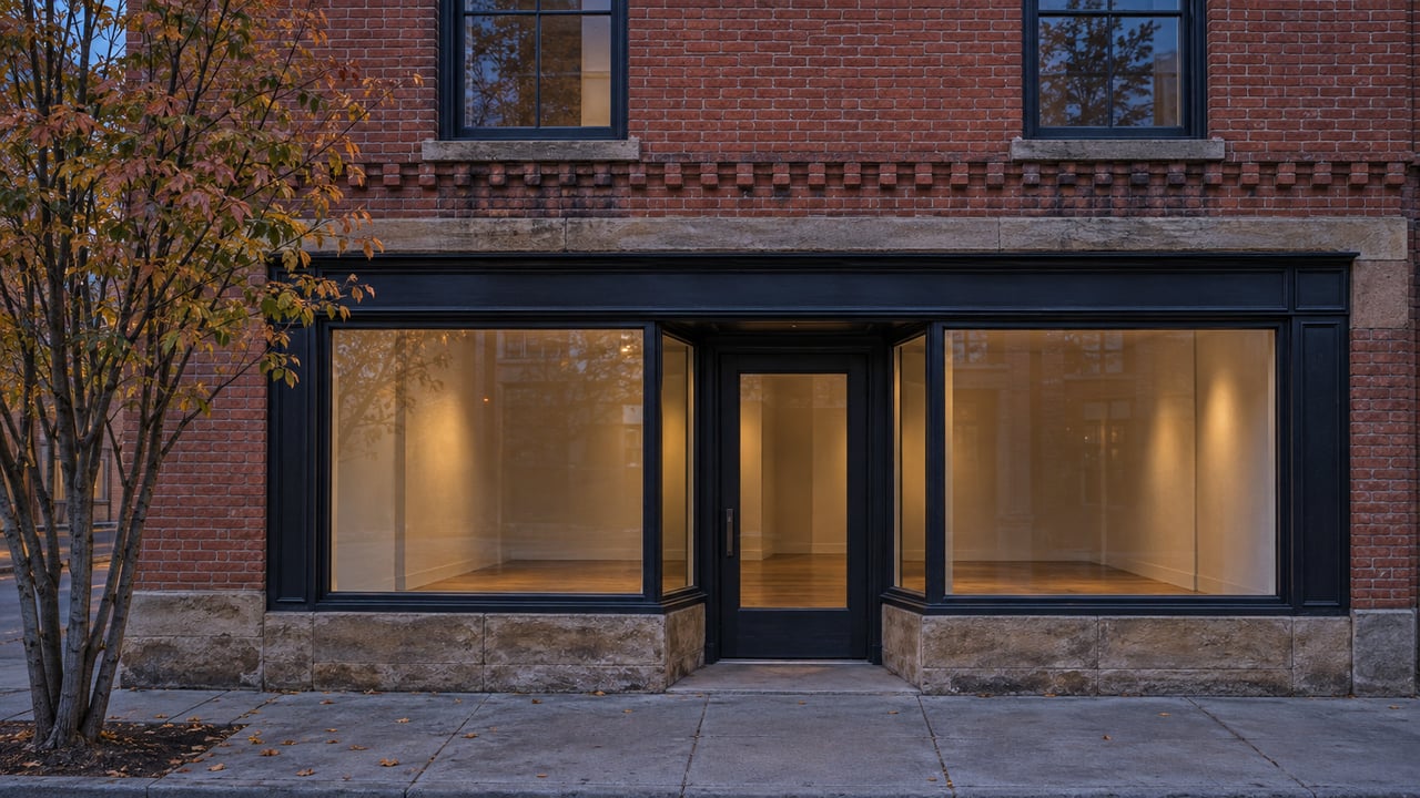 Historic red-brick storefront with a glass entrance, warm interior light, and coppering leaves at the sidewalk edge.
