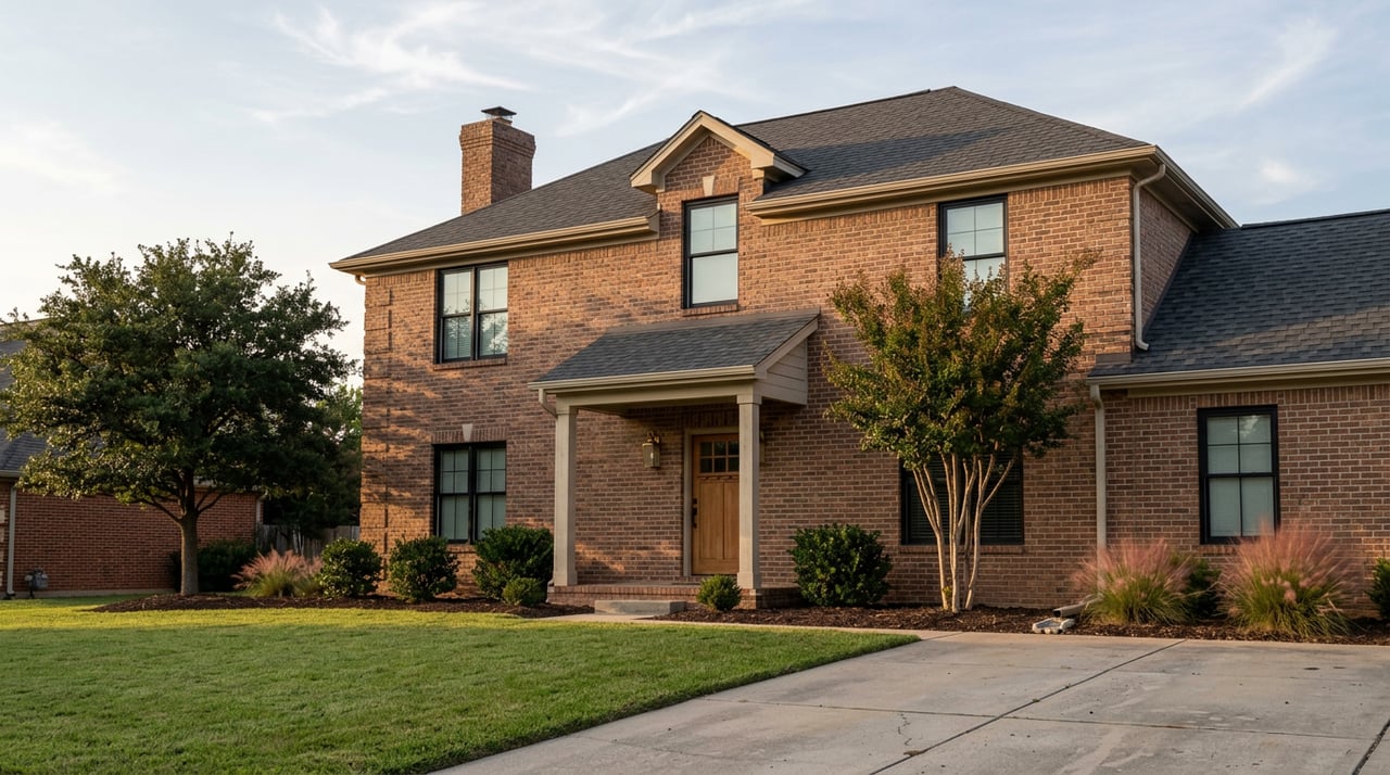 Two-story red-brown brick home with a covered entry, gabled dormer, and pink muhly grasses.