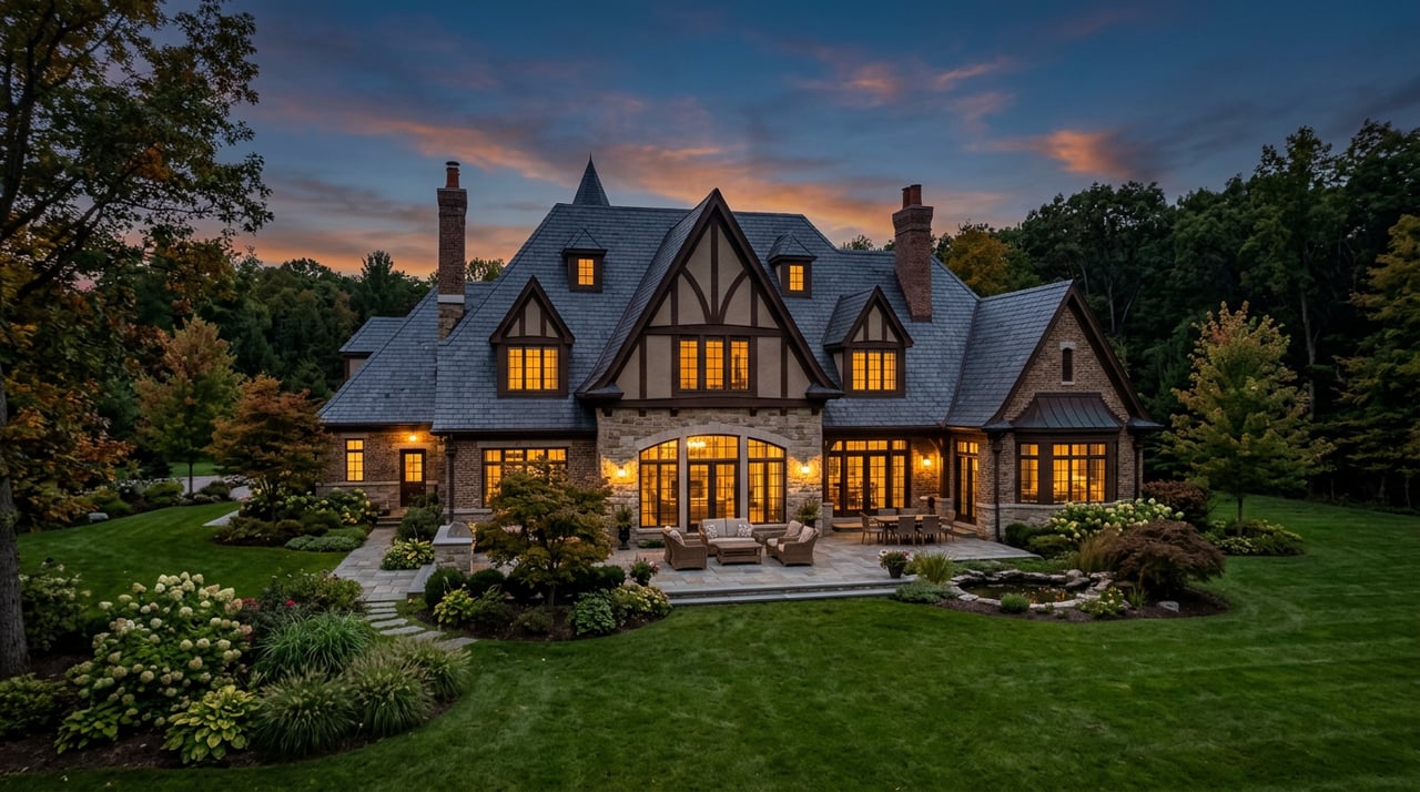Gabled estate home with warm glowing windows, a covered rear porch, and manicured lawn beneath a blue-violet dusk sky.
