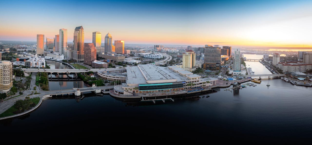 Aerial view of Tampa Bay, Florida, including its waterways and shipping channels, associated with local maritime legends, disappearances, and unexplained stories