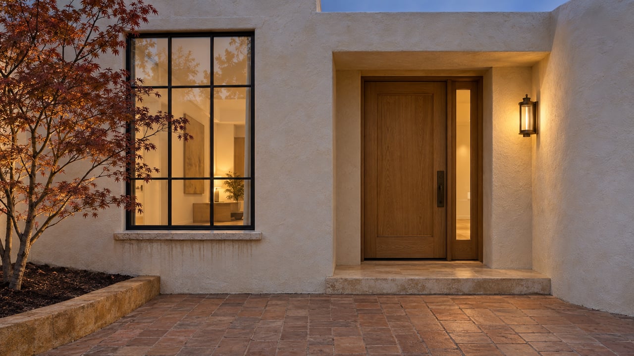 An ivory stucco home at blue hour with a warm oak entry door, glowing divided-light window, terracotta paving and a red-leaved Japanese maple.