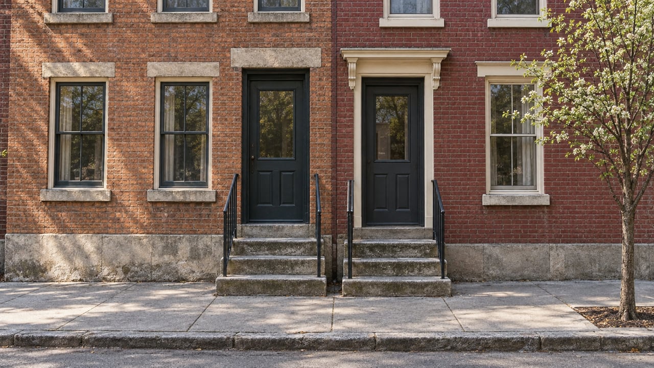 Two adjoining red-brick rowhouses with raised stone stoops and a small sidewalk tree.