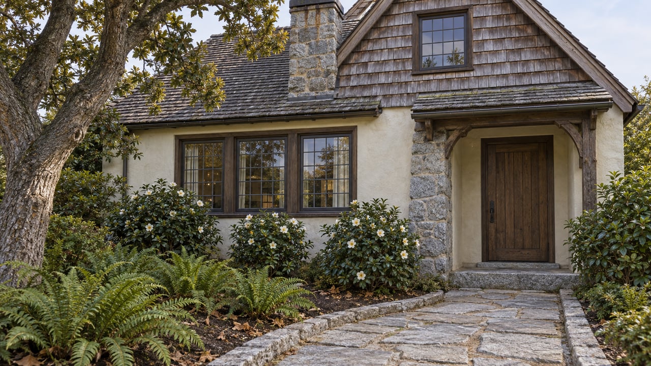 Weathered shingle cottage with a granite chimney, oak entrance door, and stone garden path bordered by camellias and ferns.