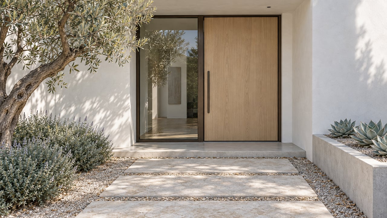 White-plaster entry with oak door, bronze-framed window, olive tree, and limestone stepping slabs in pale gravel.
