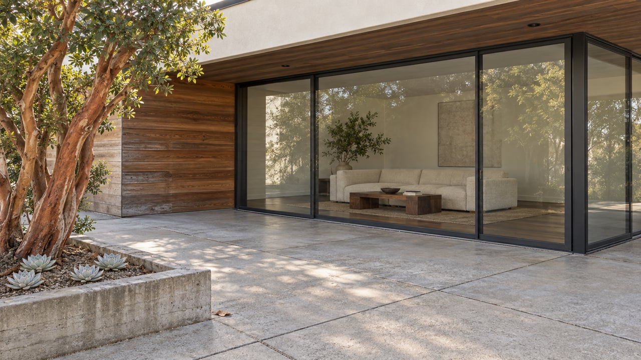 Sunlit concrete terrace beside a cedar-framed glass living room, with a sculptural strawberry tree in a raised concrete planter.