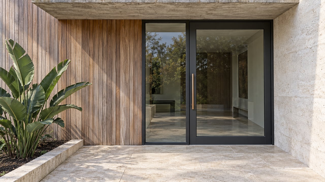 Close view of a contemporary home's sheltered glass entry with weathered cedar, board-formed concrete and pale limestone paving.