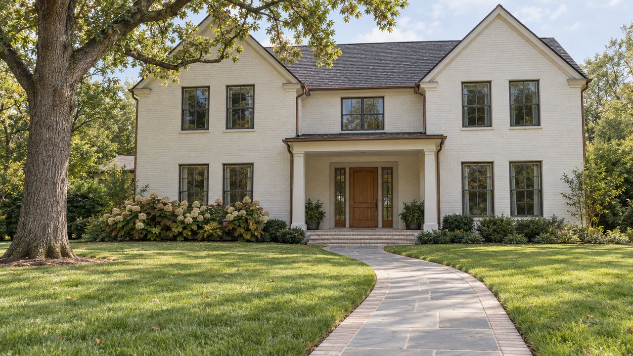 White painted-brick home with dark gabled roofs, an oak front door, a stone entry walk, and a deep lawn beneath a mature white oak.