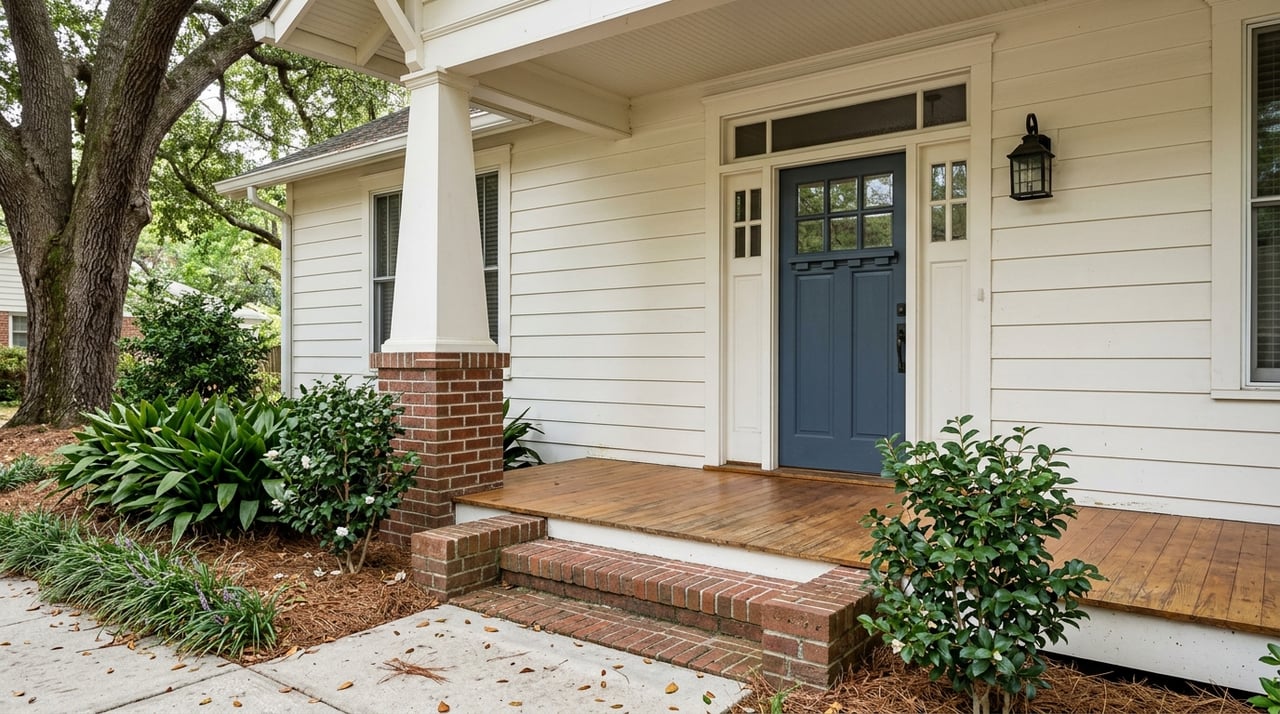 Slate-blue front door beside a brick pier, with brick steps, porch plants, and oak leaves on the tread.