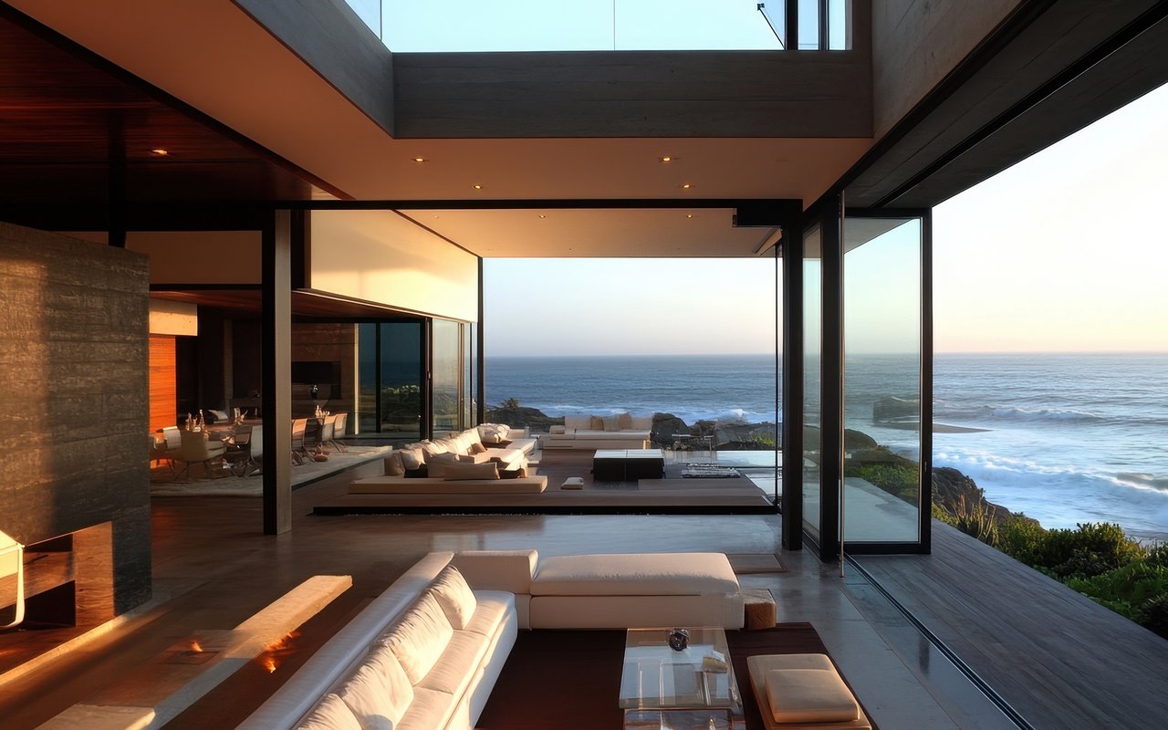 Oceanfront living room with white sofas, floor-to-ceiling windows, and a sunset view over the water.