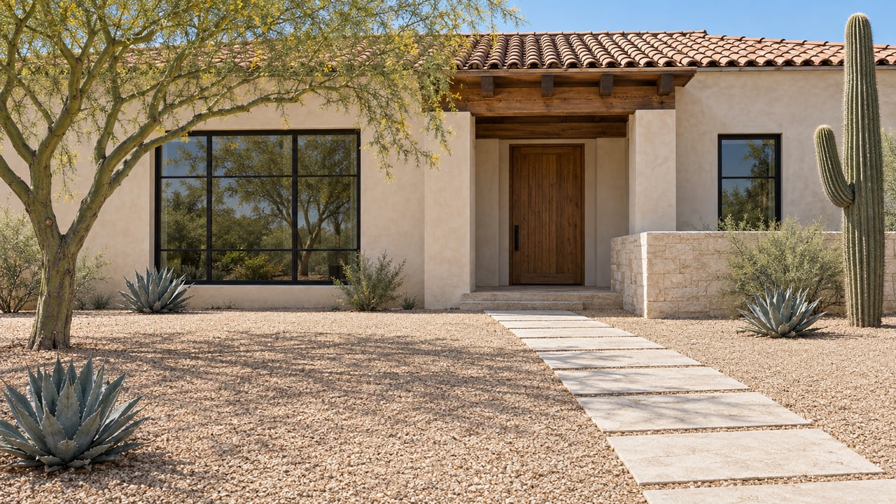 Desert-modern house with recessed oak entry, terracotta roof, gravel forecourt, limestone path, and sparse desert plants.