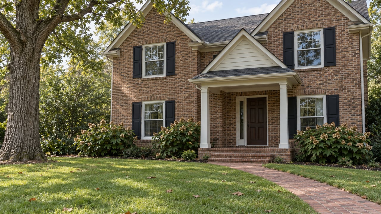 Two-story russet brick home behind a deep lawn, with black shutters, a small covered porch and a mature oak.