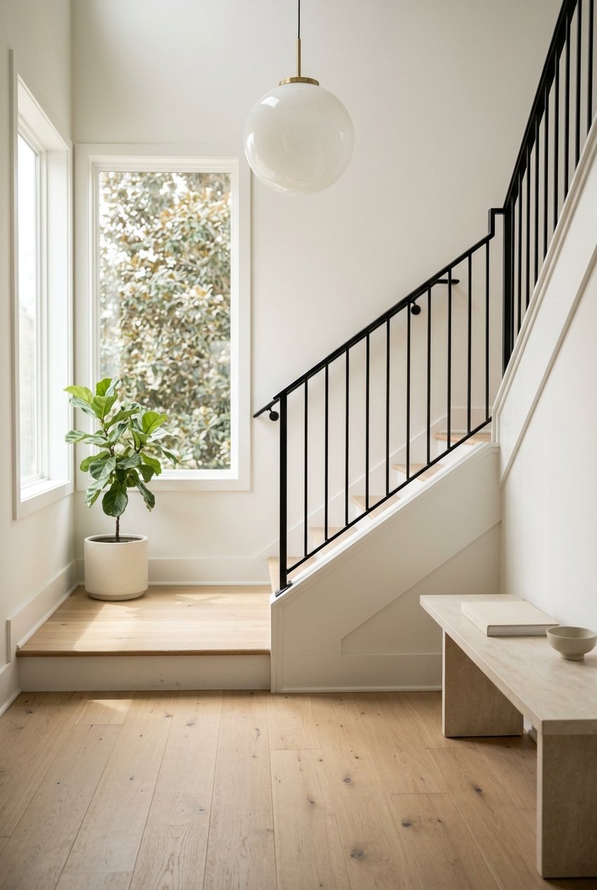 A bright stair landing with brass globe lighting and move-in-ready finishes.