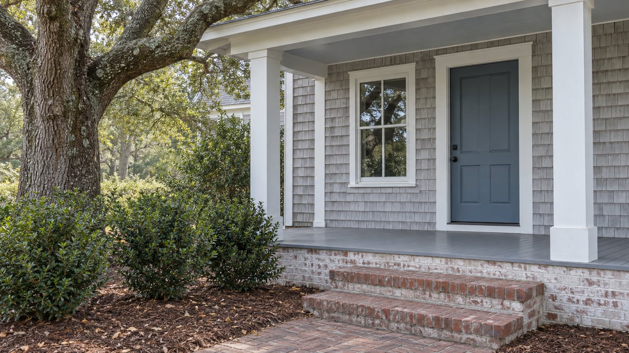 Coastal house porch with a slate-blue door, brick steps, and an oak beside the planted bed.