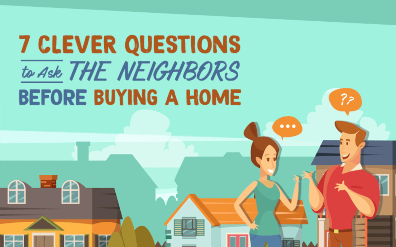 Illustrated neighbors talking in front of houses beneath the title “7 Clever Questions to Ask the Neighbors Before Buying a Home.”