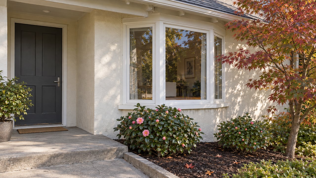Ivory stucco home with a white-framed bay window, sheltered charcoal entry door, and maple and camellia planting beside a concrete porch.