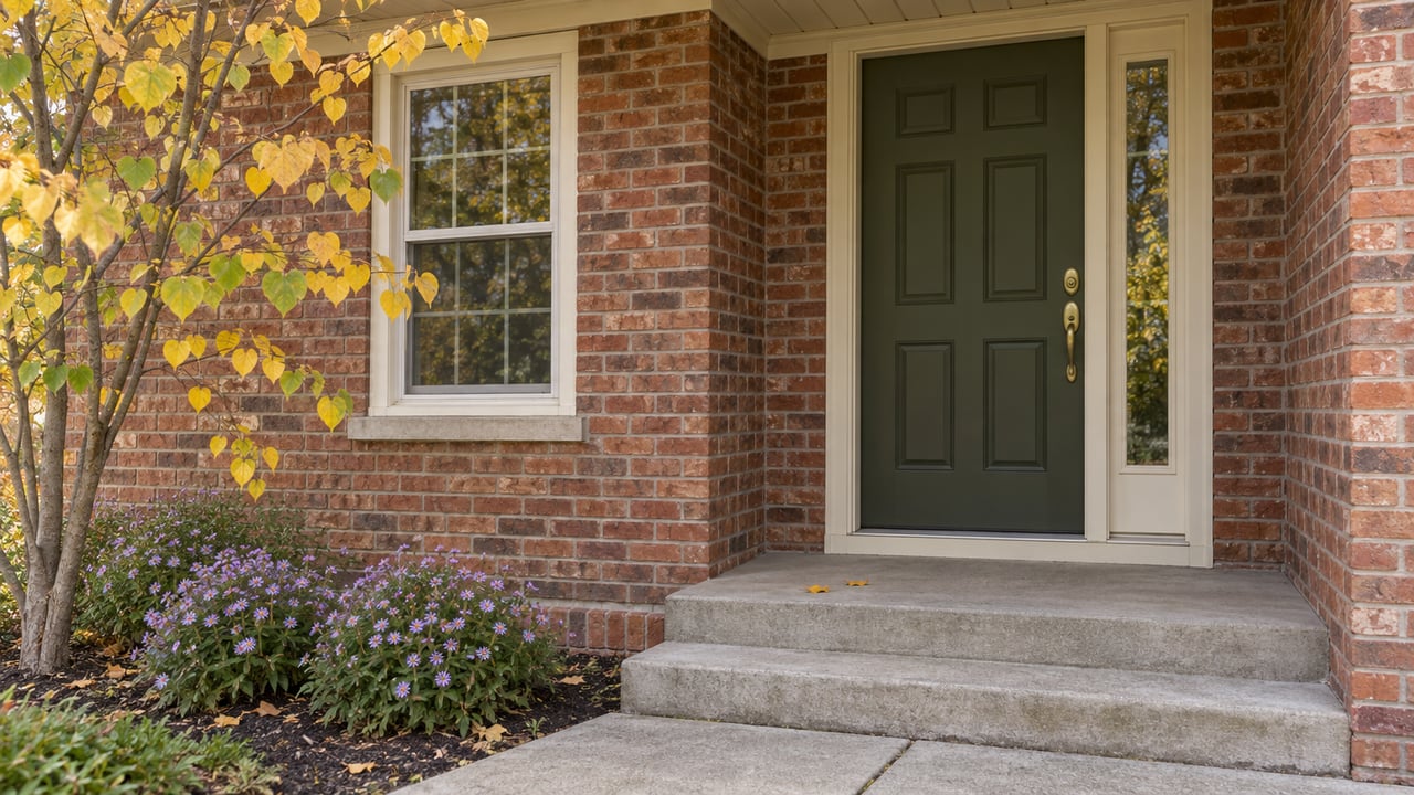 Recessed olive door and sidelight in a brick entry, with asters and yellowing redbud leaves.