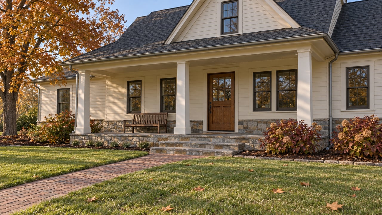 Cream-sided home with a stone foundation, covered porch, brick approach and amber maple beside a deep autumn lawn.