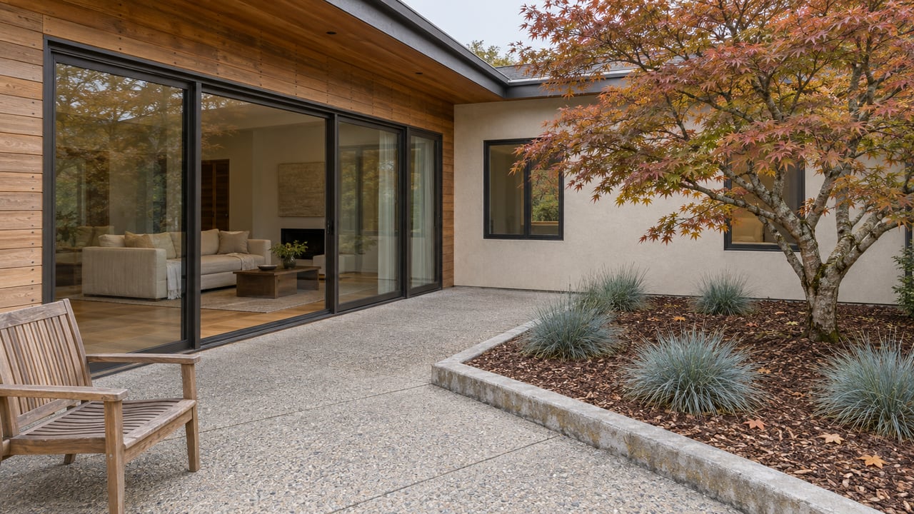 A cedar-clad single-story home with closed glass doors, a weathered teak chair and an autumn maple beside an edged concrete terrace.