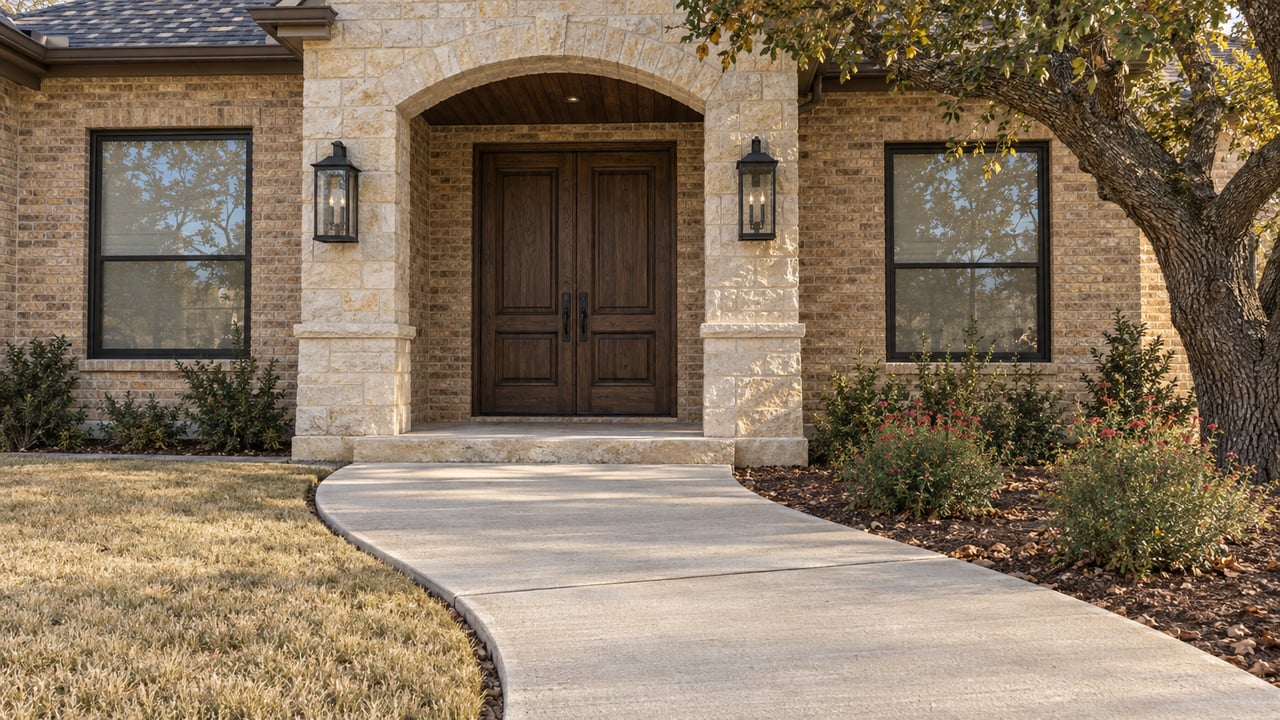 Late-fall light on a pale limestone arched entry with paired dark wood doors, warm brick walls and a curved concrete approach beside a mature live oak.