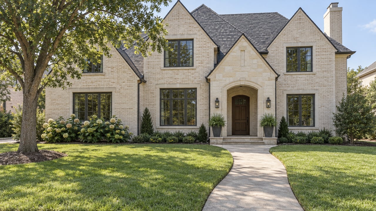 Warm ivory brick home with steep dark rooflines, a recessed stone entry, broad lawn, and a mature oak.