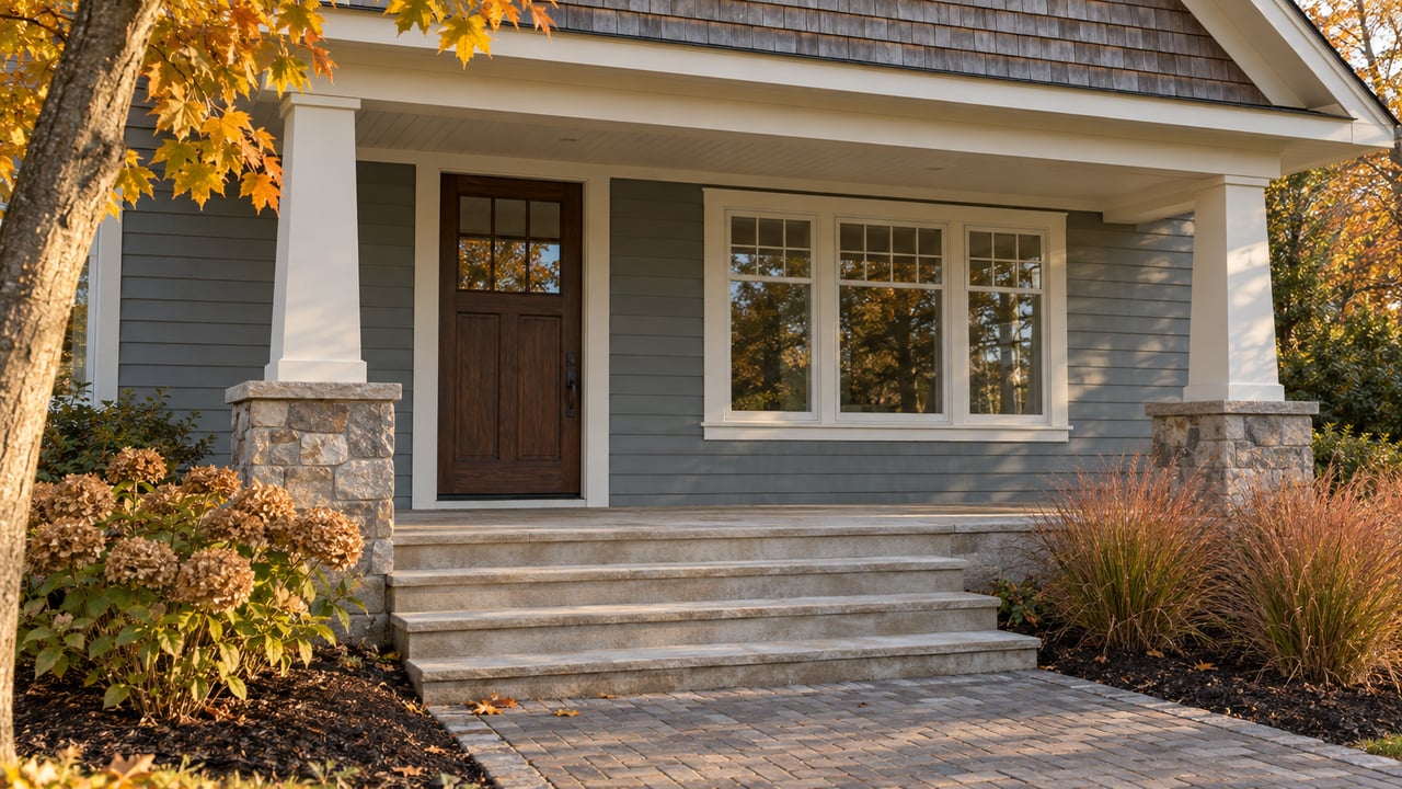 Autumn light across a shingled home's sheltered porch, limestone steps and blue-gray siding, with amber maple foliage and dried hydrangeas.