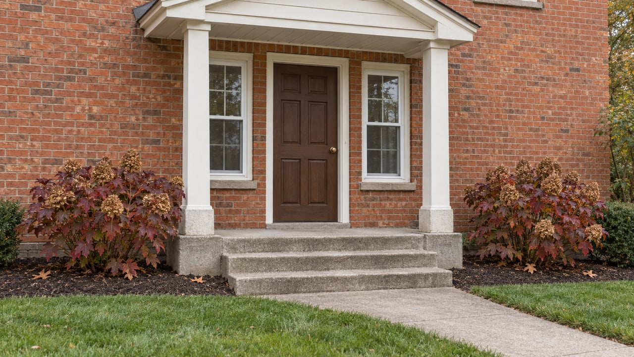 Brick house entrance with an ivory pedimented porch, brown wood door, concrete steps and oakleaf hydrangeas in autumn color.