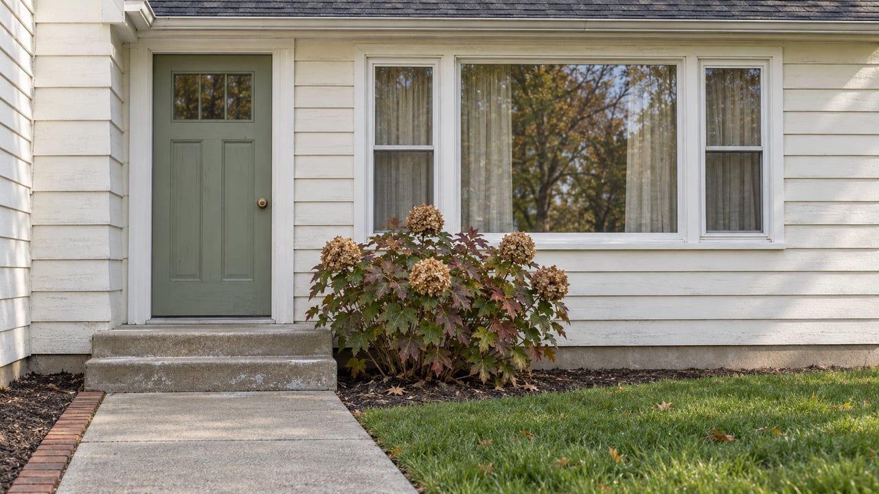 Off-white cottage with a sage front door, broad picture window, worn concrete stoop and autumn oakleaf hydrangea.