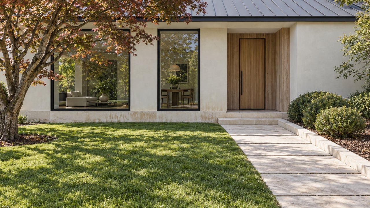 Sunlit ivory-stucco home with cedar entry, black-framed windows, limestone approach, and a layered front garden.