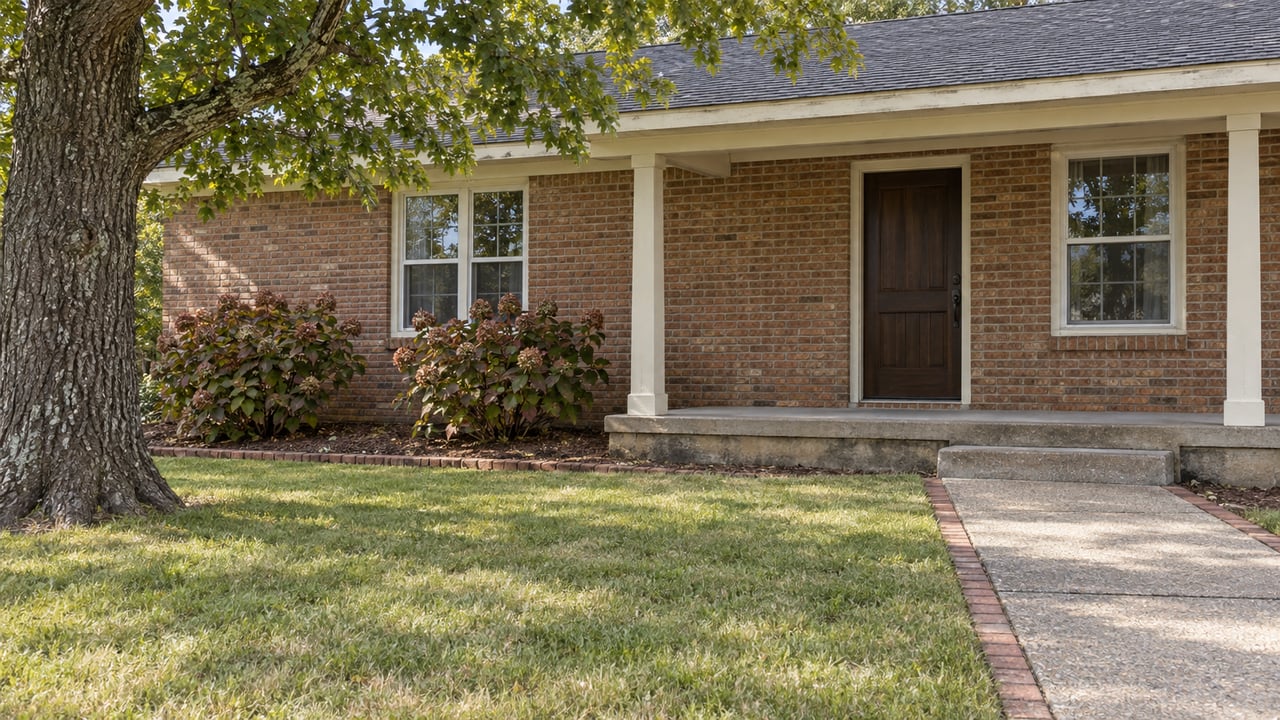 Low oblique view across an autumn lawn toward a modest brick home with a raised porch, mature white oak and oakleaf hydrangeas.