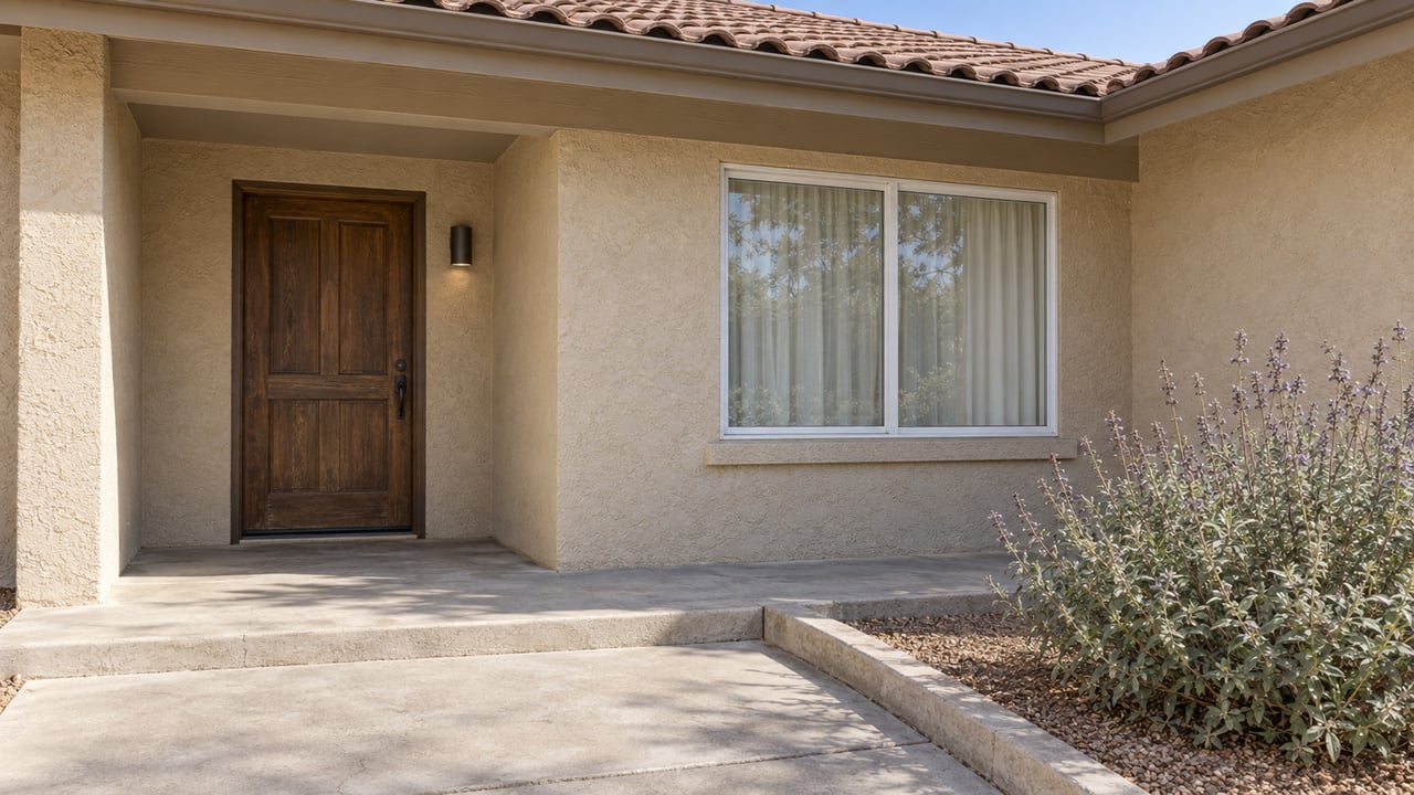 Home entrance with a recessed wood door, stucco exterior, tiled roof, and landscaped front bed.