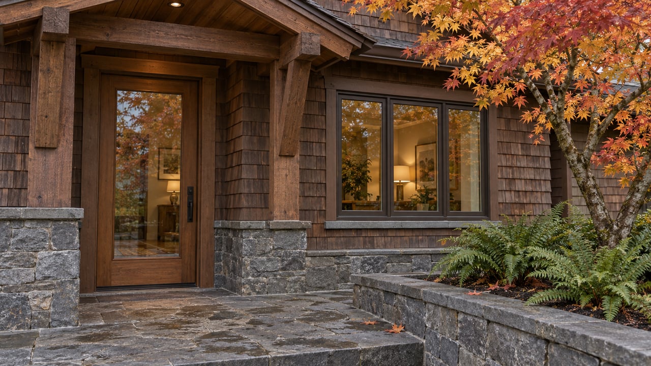 A cedar-shingled home entrance with a glazed oak door, basalt landing and autumn vine maple beside a raised stone planter.