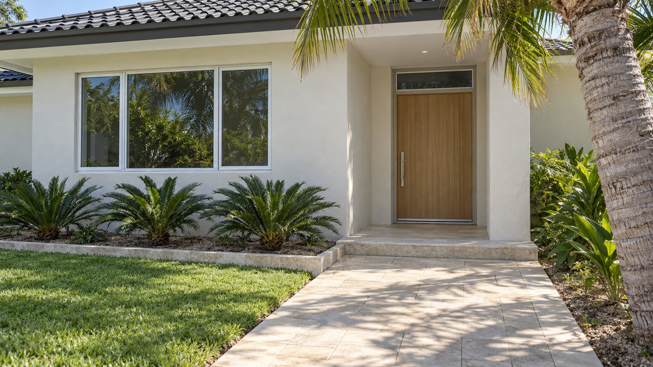 Sunlit pale-stucco home entrance with a charcoal tiled roof, shell-colored paver path and a curved coconut palm.