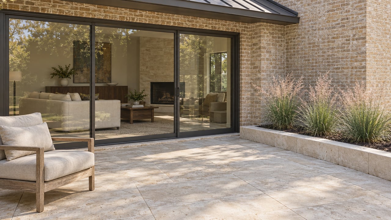 Limestone terrace beside a buff-brick home, with bronze-framed living-room glazing, one teak lounge chair and three flowering ornamental grasses in a raised stone bed.