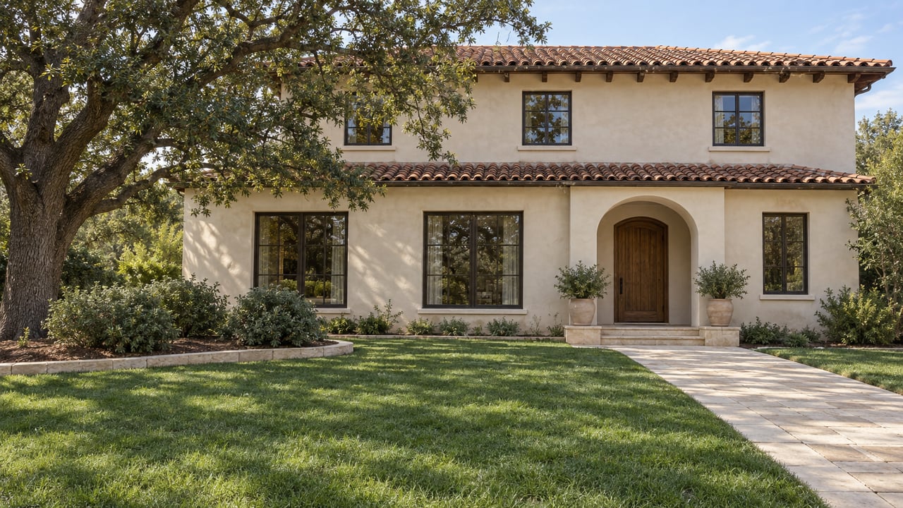 Cream stucco home with a clay tile roof, recessed arched entry, deep front lawn, and a mature spreading oak.