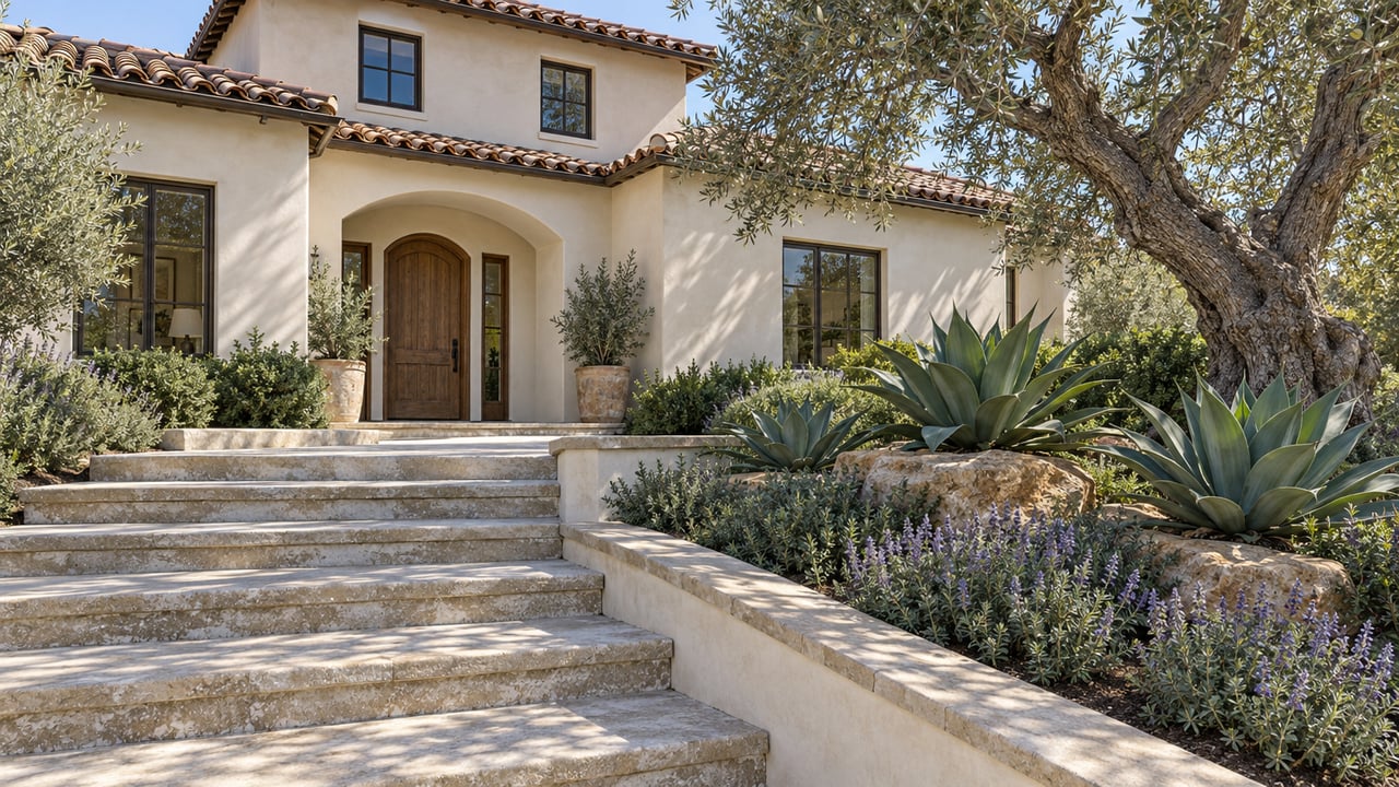 Warm ivory stucco residence with clay tile roofs, an arched oak entry, limestone garden steps and a mature olive tree.