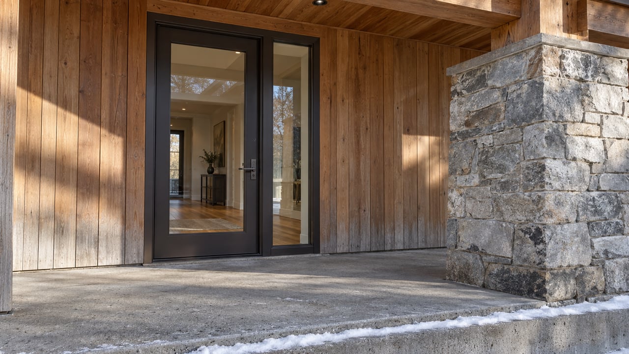 Winter light across a cedar entry with a bronze-framed glass door, quartzite pier and a trace of snow along the concrete step.