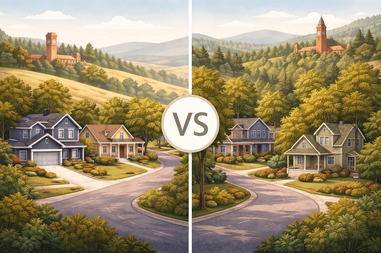 Palouse style illustration showing Pullman and Moscow neighborhoods with rolling hills and residential areas representing relocation and area tours.