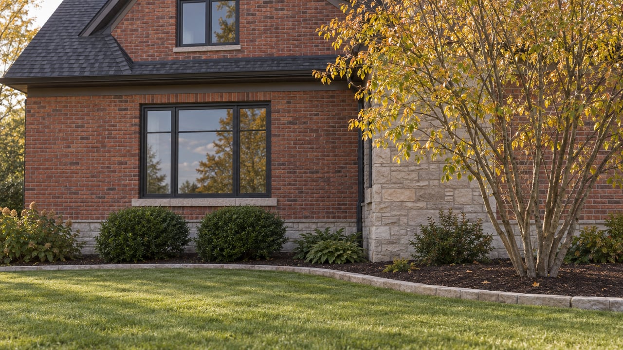 Red-brick house facade with dark-framed windows, limestone sill, and a small tree beside the lawn.