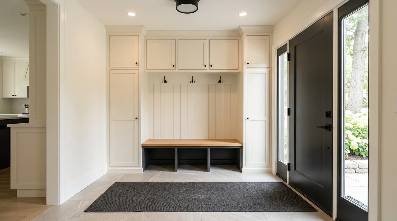 Mudroom built-ins beside a garage-entry door with sidelights, lit by morning light.