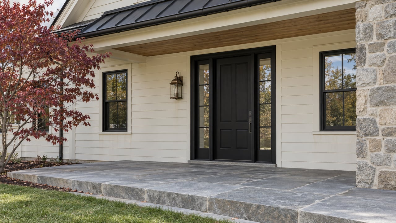 Covered entry with a black door and paired sidelights, ivory siding, fieldstone pier and a bluestone terrace edged by autumn dogwood foliage.