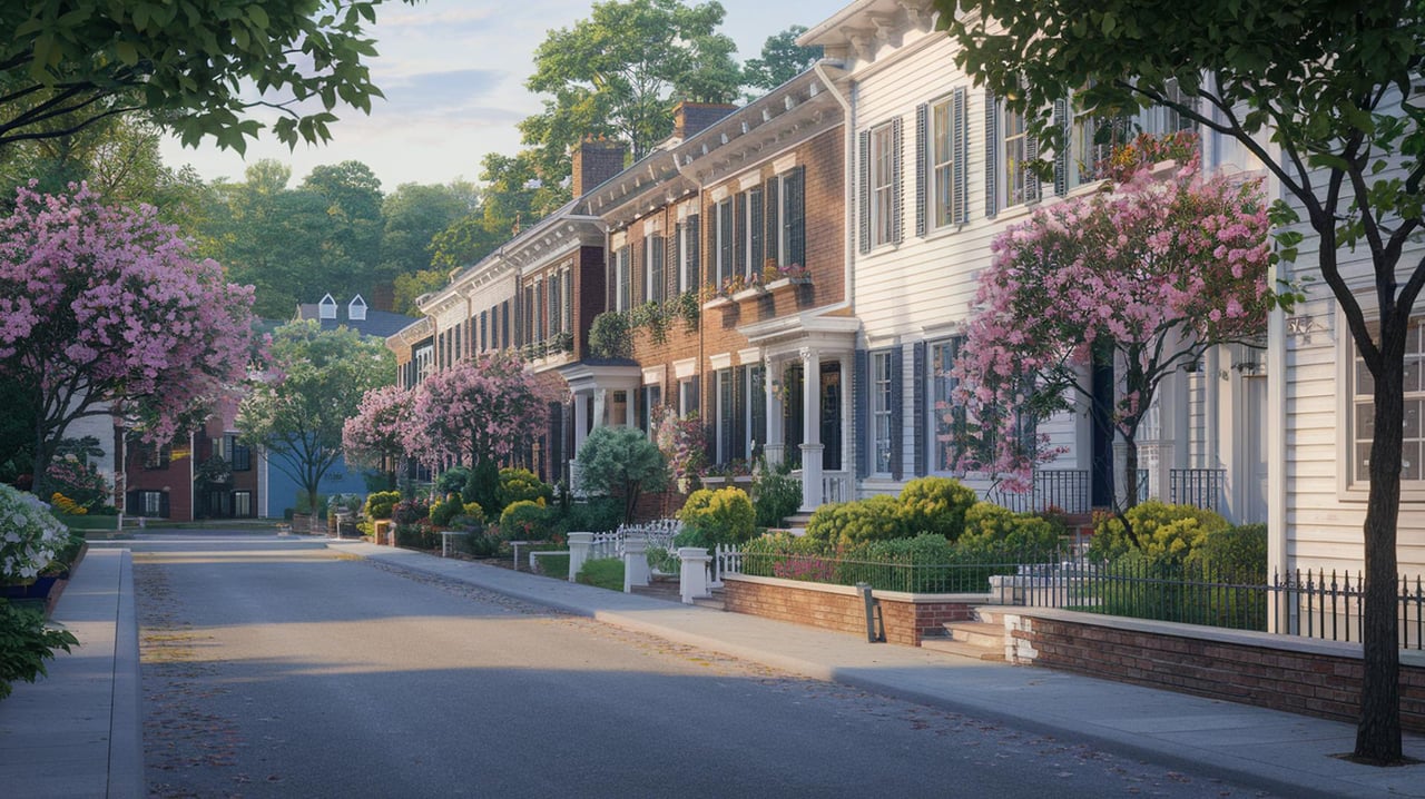 Tree-lined street of brick and white townhouses with pink flowering trees and white garden fences.