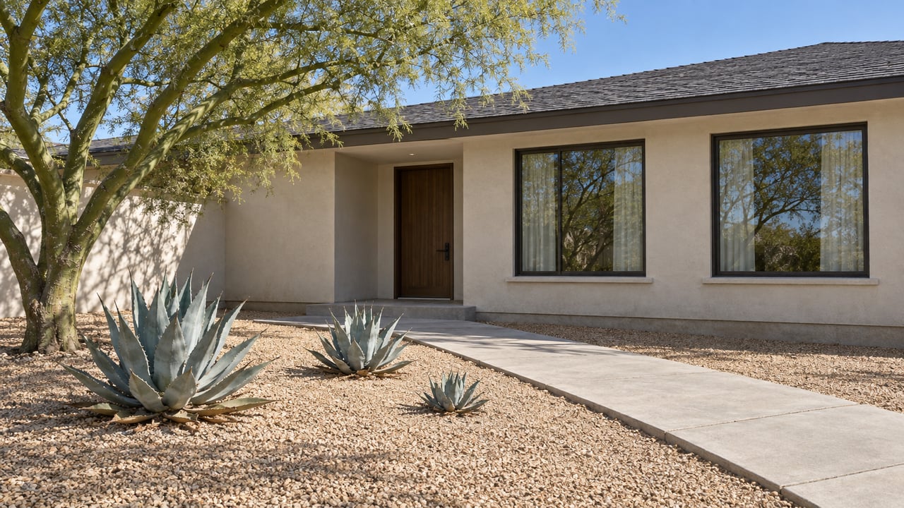 A low single-story stucco home beyond a deep gravel garden, with a green-trunked tree, three sculptural agaves, and a concrete entry walk.