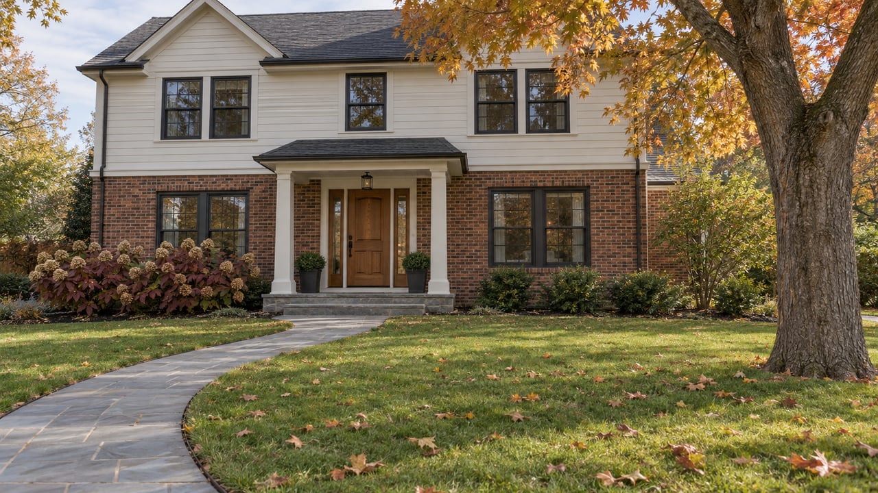 Brick-and-ivory two-story home behind a deep green lawn, with an amber maple canopy and a curved stone approach.