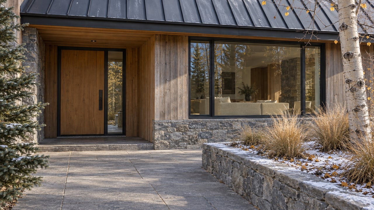 Cedar-clad home with a recessed timber entry, large windows, stone approach, and dormant planting with traces of snow.