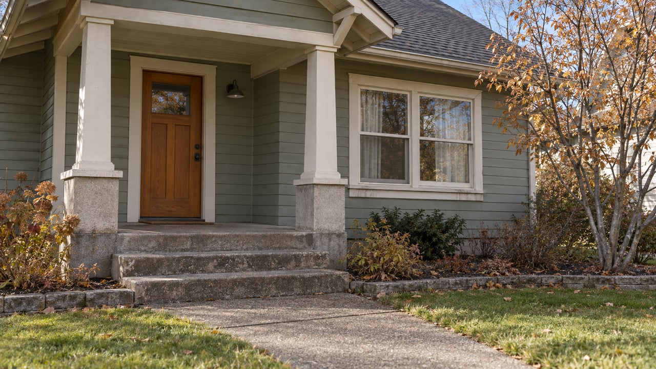 Sage-sided bungalow entry with a covered concrete porch, brown wood door, and an autumn serviceberry beside the front walk.