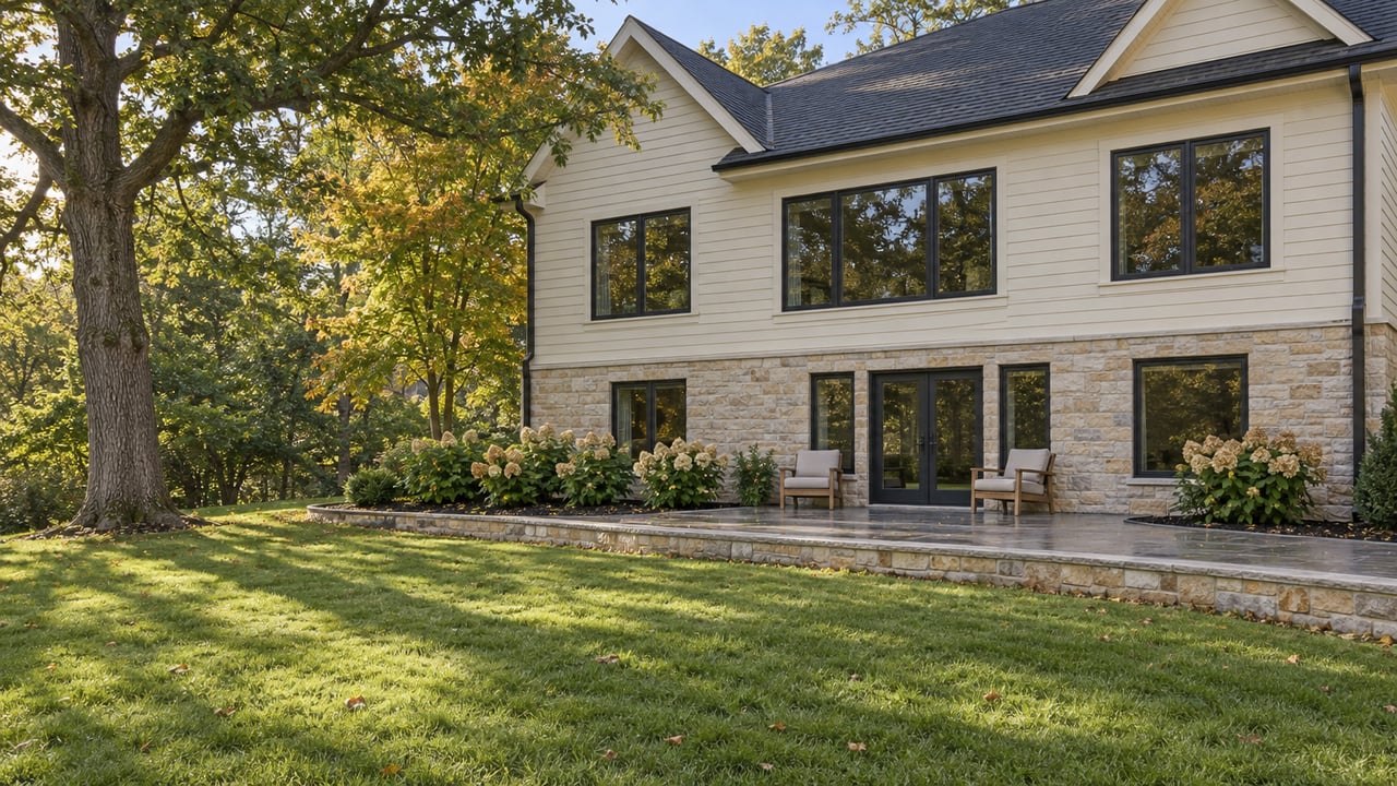 An ivory-sided walkout home with limestone walls and a raised terrace overlooks a spacious lawn framed by mature oak and maple trees.