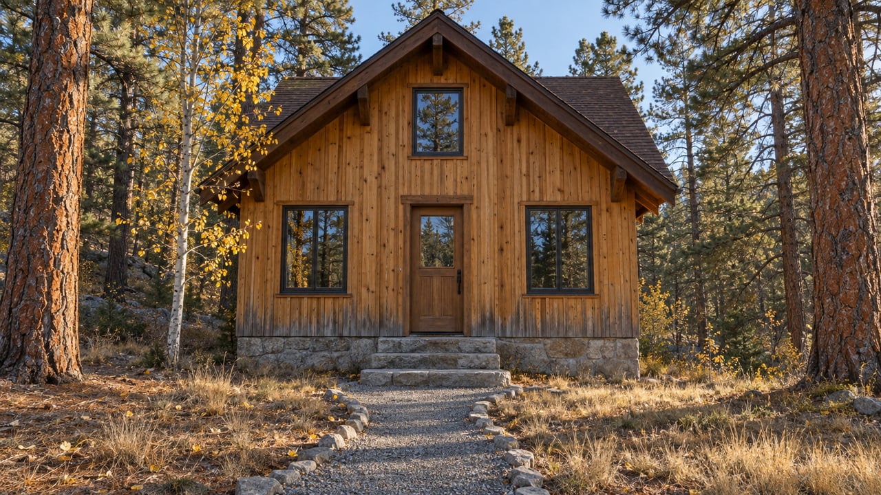 Cedar-sided home with a steep dark roof and granite entry steps in a quiet clearing among mature pines and a yellow-leaved aspen.