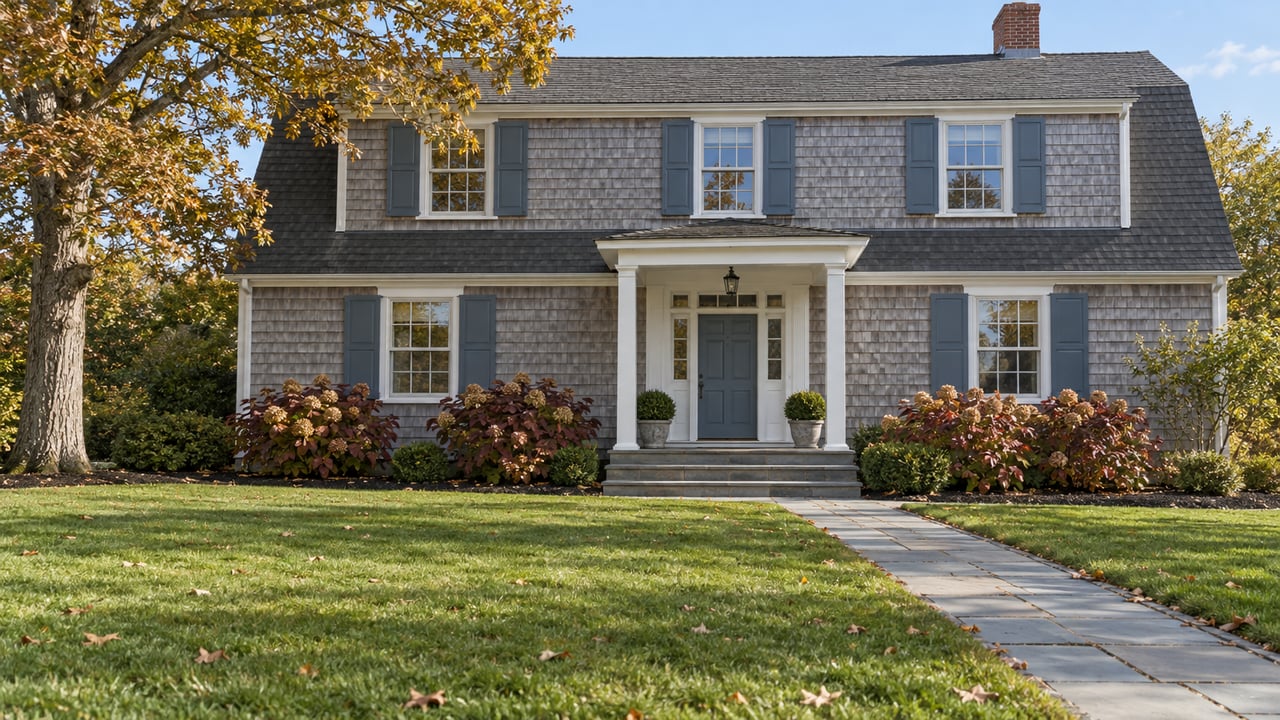 Weathered cedar-shingle house with a gambrel roof, deep front lawn, bluestone walk, and autumn oak foliage.
