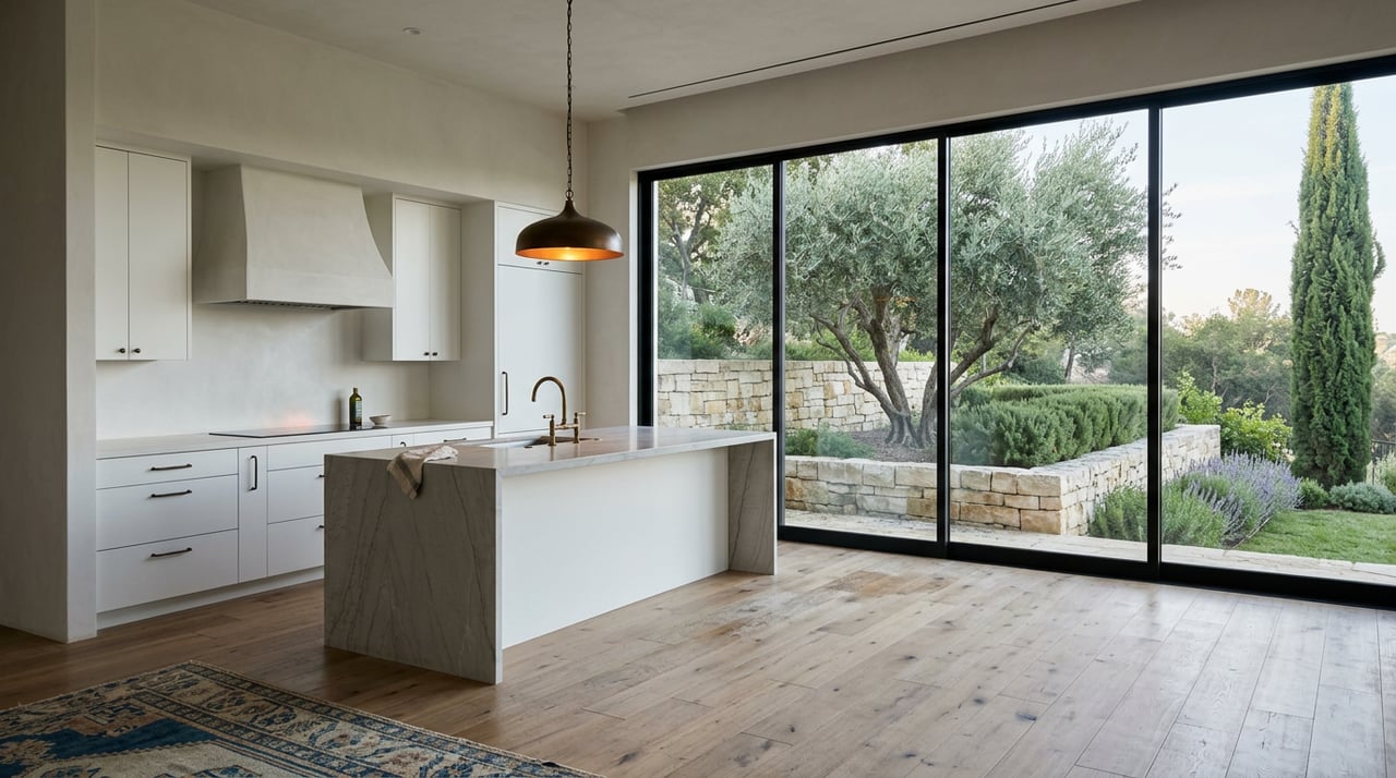 Open-plan kitchen with a pale stone island and black-framed glass doors overlooking a terraced garden.