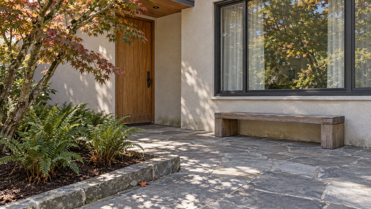 Modern home entrance with a wooden door, stone porch, built-in bench, and autumn maple foliage.